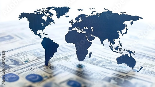 Fototapeta Naklejka Na Ścianę i Meble -  A world map silhouette superimposed over a background of US dollar bills, representing global finance and trade.