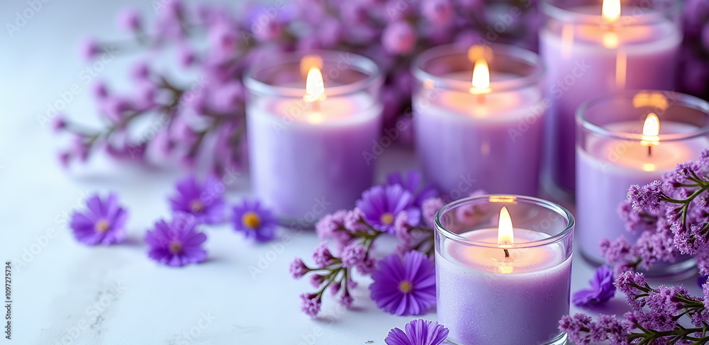 Lit purple candles with lavender flowers on white background Lit purple candles with lavender flowers on white background