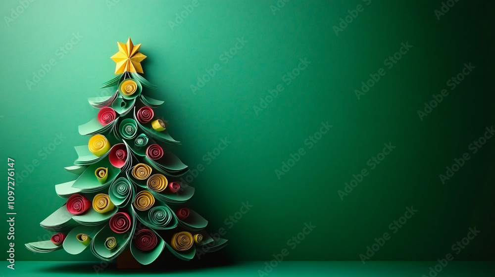 A cheerful paper Christmas tree, embellished with colorful ornaments, ideal for festive greetings, holiday marketing, or seasonal decorations. A cheerful paper Christmas tree, embellished with colorful ornaments, ideal for festive greetings, holiday marketing, or seasonal decorations.