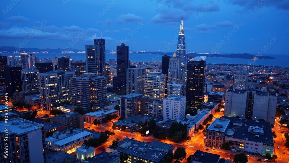 Fototapeta premium generative ai, Dynamic Urban Skyline at Dusk