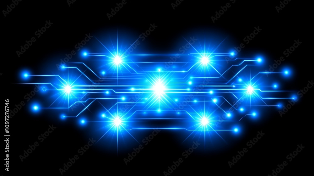 Fototapeta premium Abstract glowing blue circuit board design on black background.