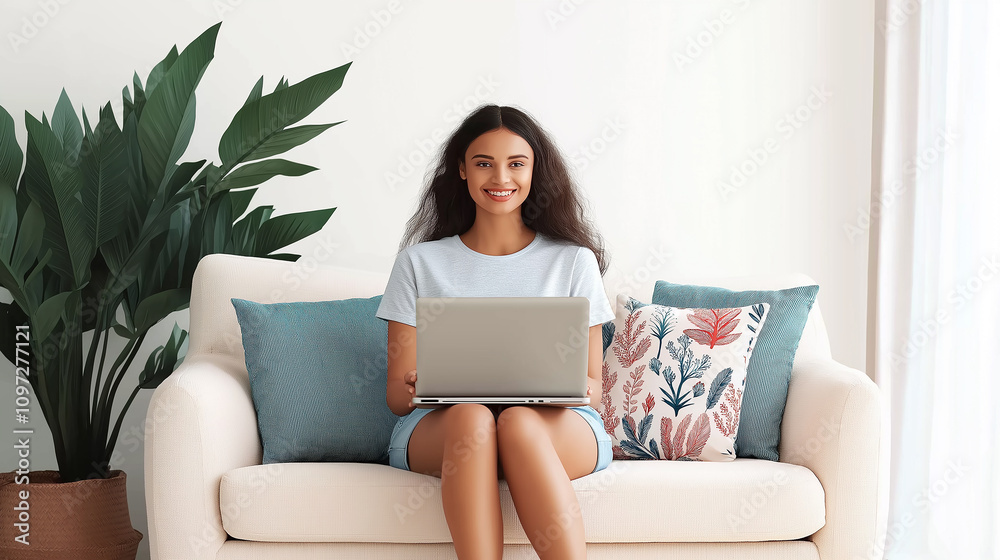 Young woman working from home sitting on comfortable sofa using laptop Young woman working from home sitting on comfortable sofa using laptop