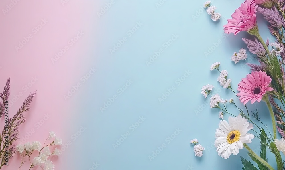 Fototapeta premium Pastel pink and blue background with white and pink flowers arranged on the sides, leaving a central empty space.