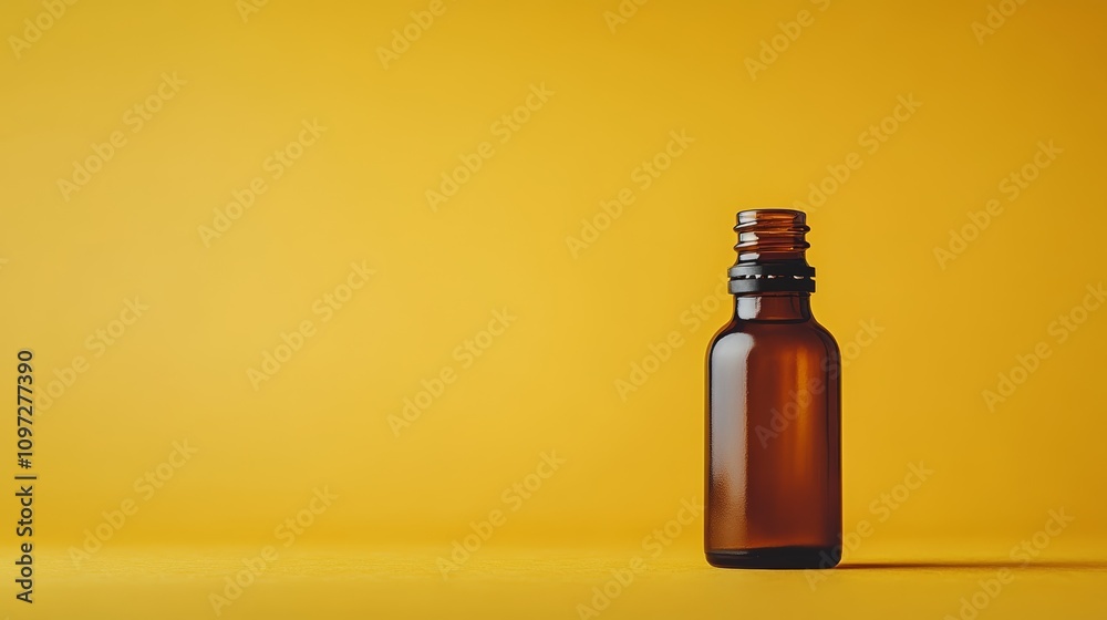 Amber glass bottle on a yellow background with copy space. Amber glass bottle on a yellow background with copy space.