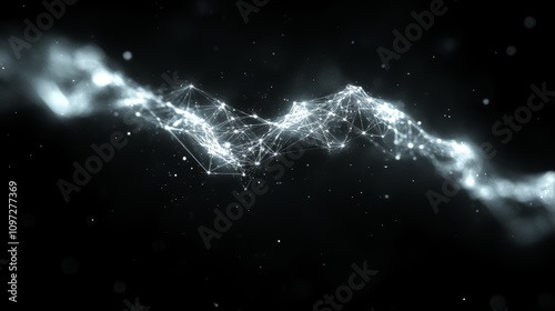 Abstract white glowing lines and particles forming a wavy shape on a black background.