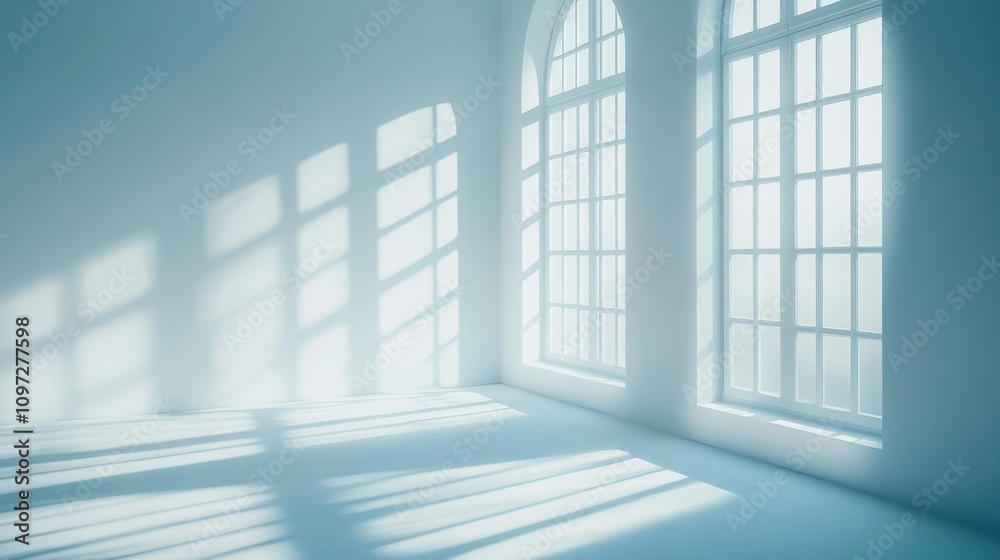 Empty white room with large windows and sunlight streaming in. Empty white room with large windows and sunlight streaming in.