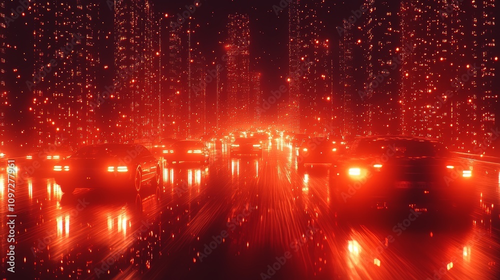 Fototapeta premium Cars drive on a highway at night with glowing red lights and buildings in the background.