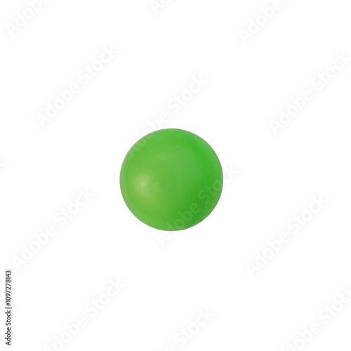 The image of a small green plastic ball, often used as a children's toy, appears on a transparent background, highlighting its round shape and bright, eye-catching color.