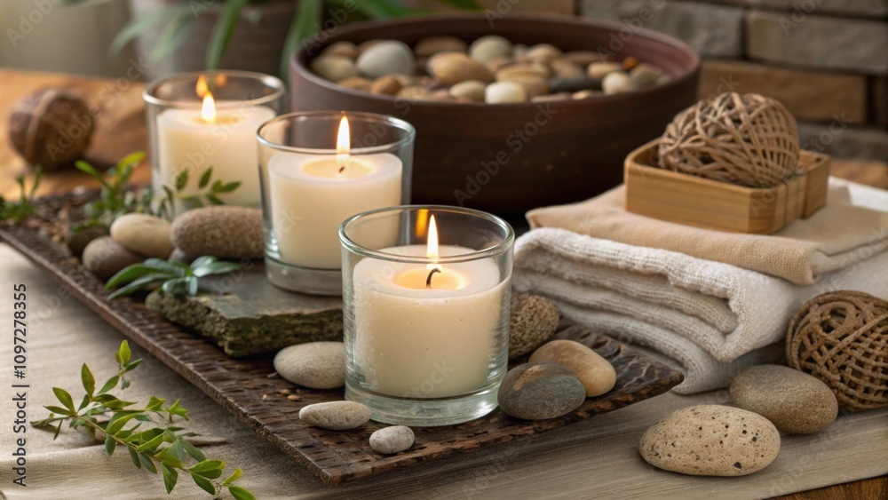 Strategically p candles in glass holders and earthy stone accents bring a touch of natural elegance enriching the inviting atmosphere with soothing scents. Strategically p candles in glass holders and earthy stone accents bring a touch of natural elegance enriching the inviting atmosphere with soothing scents.