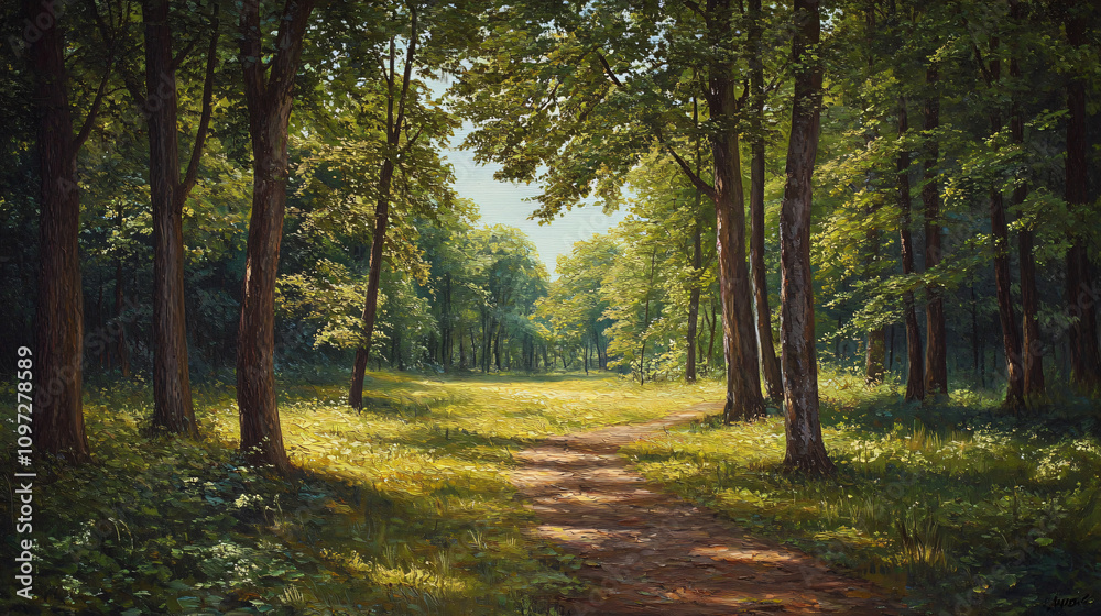 Fototapeta premium Sunlight filters through the trees onto a path winding through a lush green forest