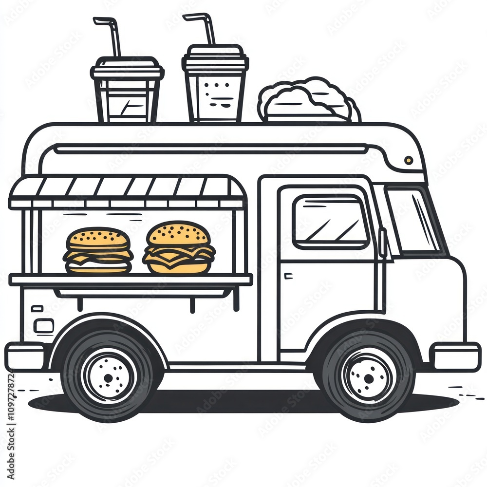 A food truck featuring burgers and drinks, symbolizing street food culture. A food truck featuring burgers and drinks, symbolizing street food culture.