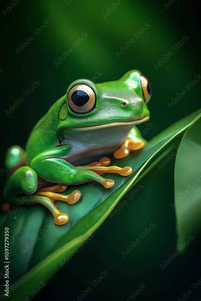 Green tree frog resting on a leaf in the rainforest Green tree frog resting on a leaf in the rainforest