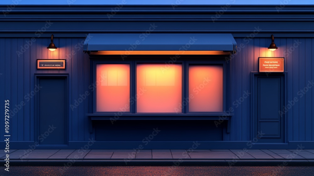 Nighttime storefront with awning and glowing windows. Nighttime storefront with awning and glowing windows.