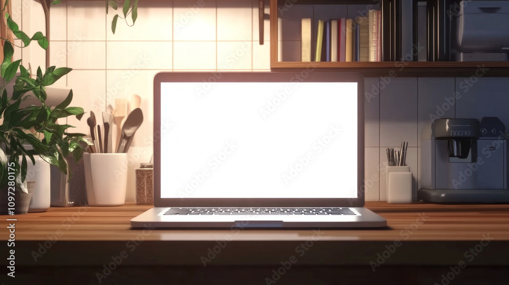 A laptop is open on a wooden table in a kitchen. The table is cluttered with various items, including a potted plant, a cup, a spoon, and a book. Concept of productivity and organization A laptop is open on a wooden table in a kitchen. The table is cluttered with various items, including a potted plant, a cup, a spoon, and a book. Concept of productivity and organization