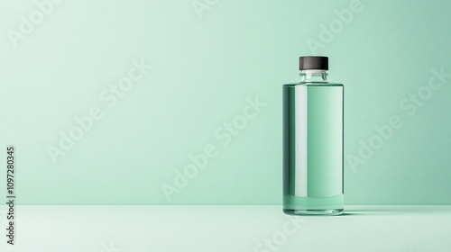 Glass water bottle on mint green background