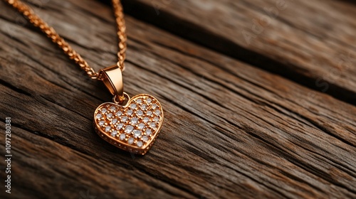 Golden Heart Pendant Necklace on Wooden Surface