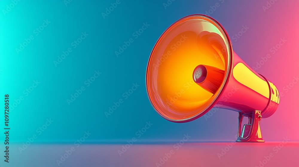 Red megaphone with a yellow stripe in the middle, on a blue and pink background. Red megaphone with a yellow stripe in the middle, on a blue and pink background.