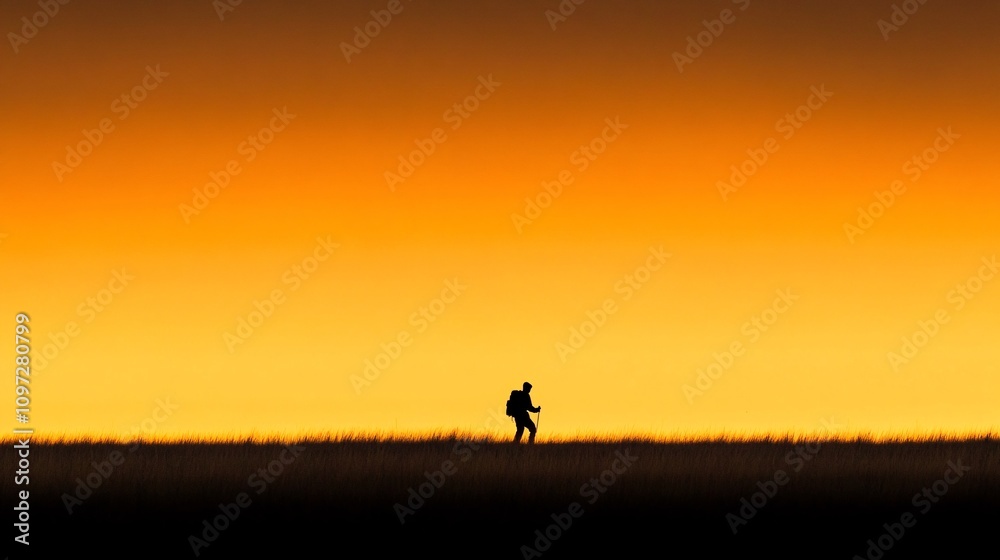 Silhouette of a hiker against a sunset backdrop Silhouette of a hiker against a sunset backdrop