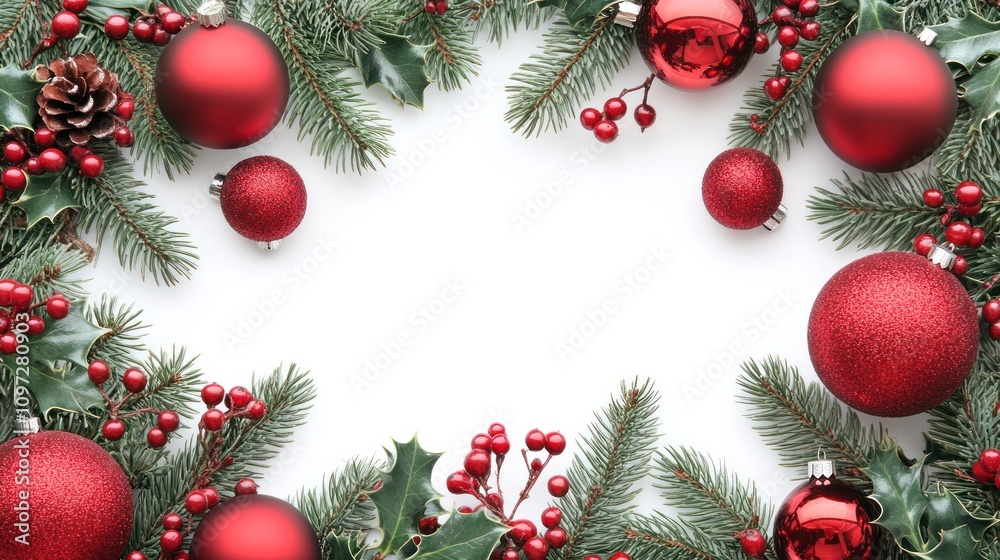 Festive Christmas border with red baubles, holly, pine branches, and pinecones on white background. Festive Christmas border with red baubles, holly, pine branches, and pinecones on white background.