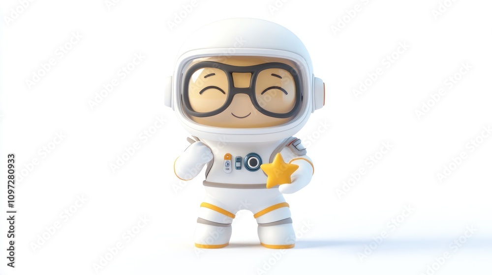 Cheerful cartoon astronaut in a white spacesuit with glasses holding a gold star. Cheerful cartoon astronaut in a white spacesuit with glasses holding a gold star.