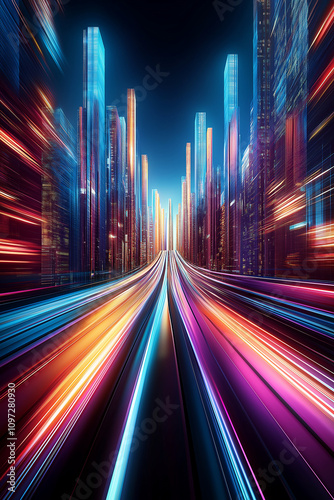 Light trails illuminating futuristic cityscape at night with skyscrapers