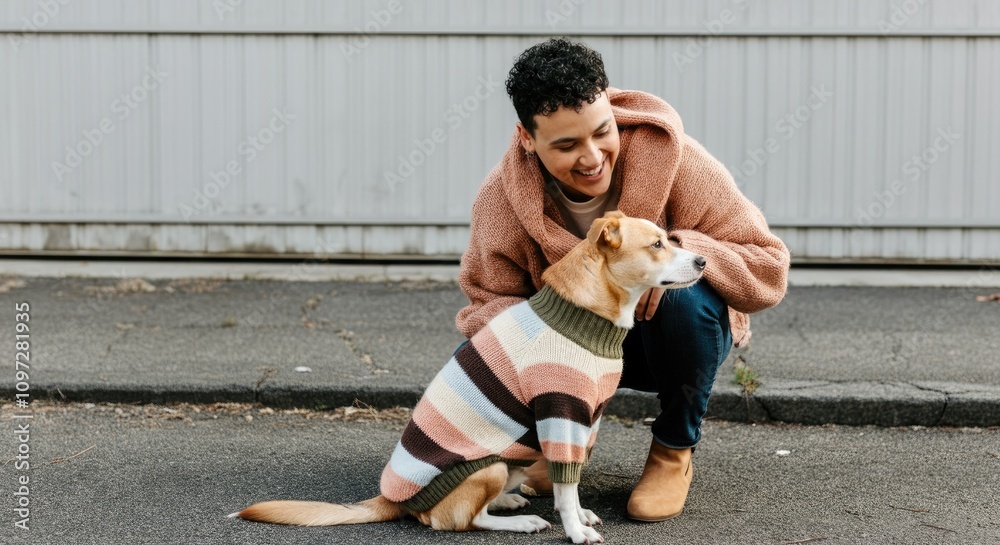 Obraz premium Smiling woman in sweater with dog striped on pavement