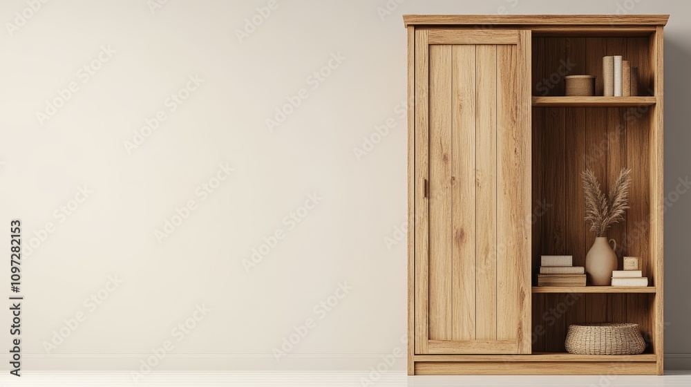 Wooden cabinet with sliding door and open shelves against a white wall. Wooden cabinet with sliding door and open shelves against a white wall.