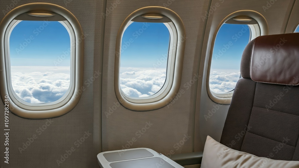 Airplane cabin interior with three windows showing a view of clouds. A cushioned seat with a pillow and small table is visible beside the windows. Airplane cabin interior with three windows showing a view of clouds. A cushioned seat with a pillow and small table is visible beside the windows.