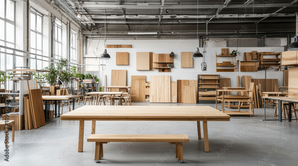 Equipment workshop background concept. A spacious wood workshop featuring a large table, benches, and various wooden materials arranged on the walls, with ample natural light. Equipment workshop background concept. A spacious wood workshop featuring a large table, benches, and various wooden materials arranged on the walls, with ample natural light.