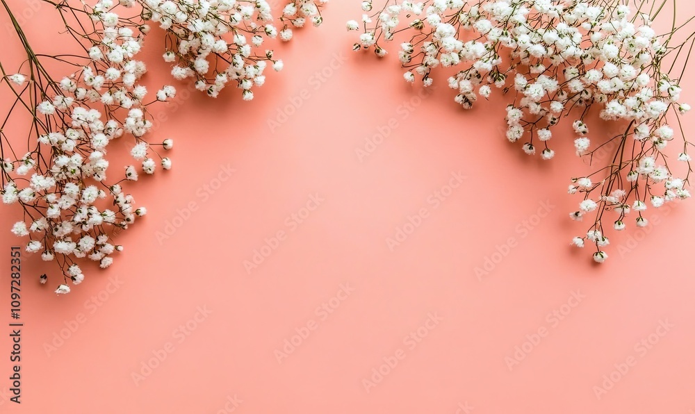 White baby's breath flowers frame on coral pink background; flat lay, top view, copy space. White baby's breath flowers frame on coral pink background; flat lay, top view, copy space.
