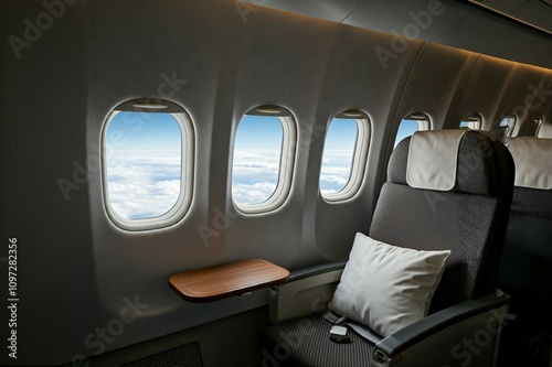 Airplane cabin interior with three windows showing a view of clouds. A cushioned seat with a pillow and small table is visible beside the windows.