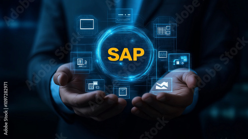 Businessman holding sap system integration concept in hand