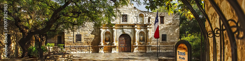 San Antonio's Alamo Spirit: Old Mission Alamo in the background, with a tablet showing "Texas Pride" and a flag waving in the wind.