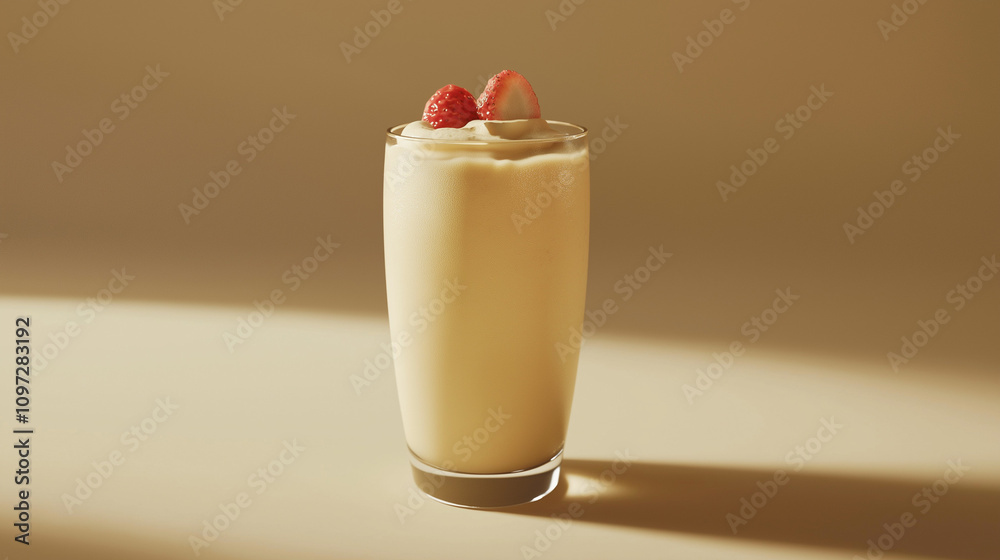 Smooth almond milk smoothie with strawberries in a glass on a beige background Smooth almond milk smoothie with strawberries in a glass on a beige background