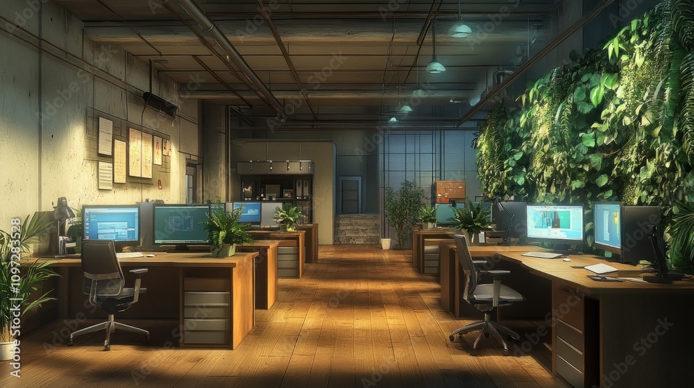 Modern office interior with large windows and plants.