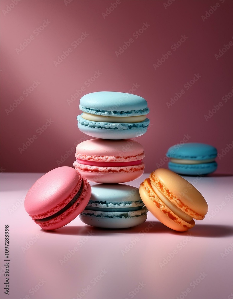 Pastel-colored macarons stacked high on a pink surface. Sweet! Pastel-colored macarons stacked high on a pink surface. Sweet!