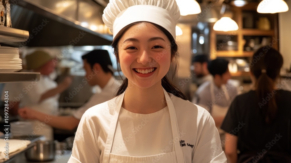 A young female chef smiles in a busy restaurant kitchen. A young female chef smiles in a busy restaurant kitchen.