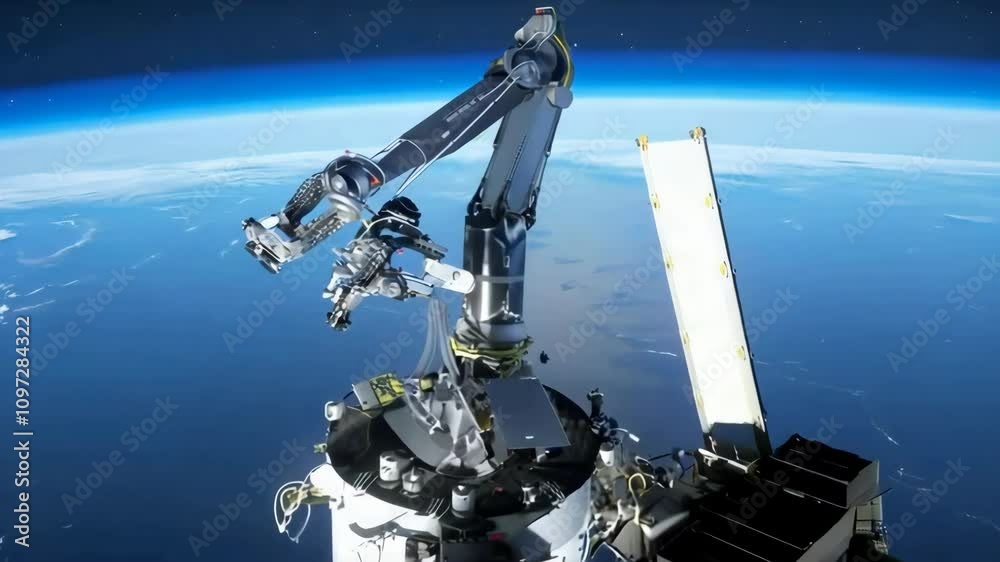 Robotic arm in space, manipulating equipment above Earth?s atmosphere.