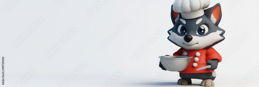 Cute cartoon wolf chef holding a pot and a spoon. Cute cartoon wolf chef holding a pot and a spoon.