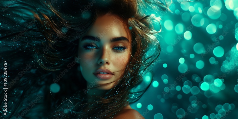 Hyperrealistic Underwater Portrait of a Mermaid with Flowing Hair and Bright Eyes