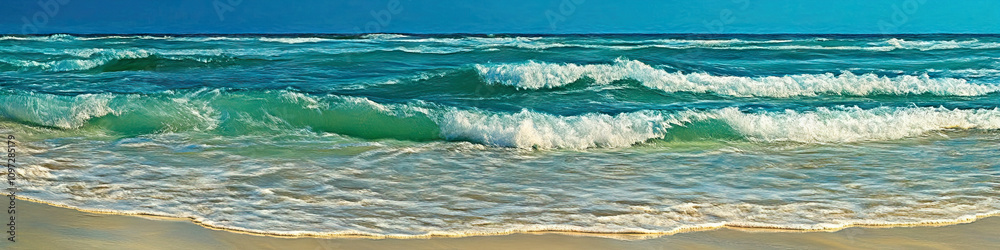 Fototapeta premium Padre Island Paradise: Turquoise waves lap against the white sandy shores of Padre Island National Seashore.
