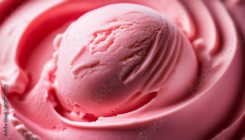 Close-up of a scoop of pink ice cream, smooth texture, swirls.