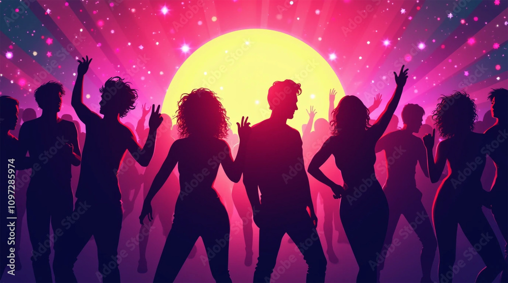 people dancing in the club retro silhouettes of people dancing at a crowded party style at midnight, colorful lights and smoke at background people dancing in the club retro silhouettes of people dancing at a crowded party style at midnight, colorful lights and smoke at background