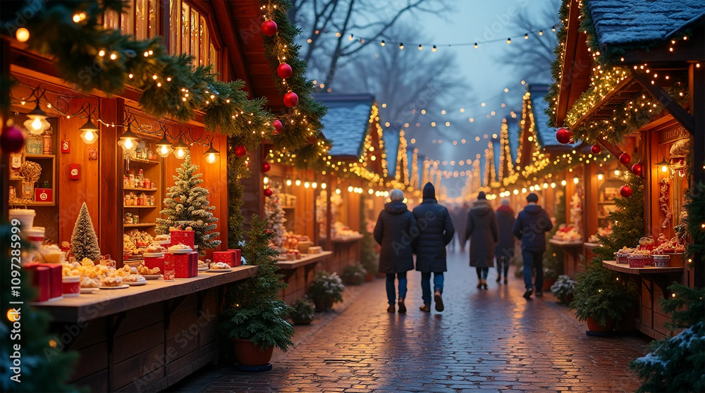 Christmas market in the city at night festive day ambiance cozy. Created with generative AI technology. Christmas market in the city at night festive day ambiance cozy. Created with generative AI technology.