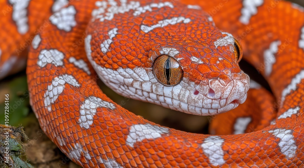 Close-up of a red and white patterned snake with a sharp focus on its eye. Close-up of a red and white patterned snake with a sharp focus on its eye.
