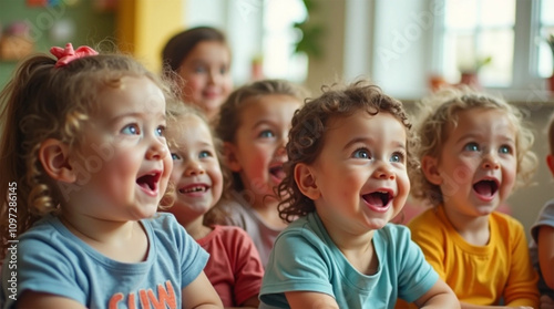 Mixed race group of amazed toddlers children happy, sitting in a classroom and looking in awe at their teacher.