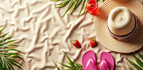 Summer beach essentials on sand background