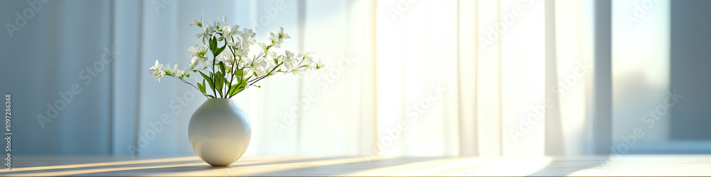 A bright white room, illuminated by sunlight streaming in through a large window. A small vase of fresh flowers sits on a clean wooden table.