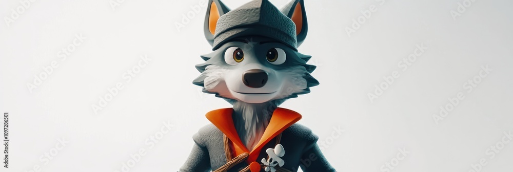 Cartoon wolf with red collar and gray hat looking straight at the camera. Cartoon wolf with red collar and gray hat looking straight at the camera.