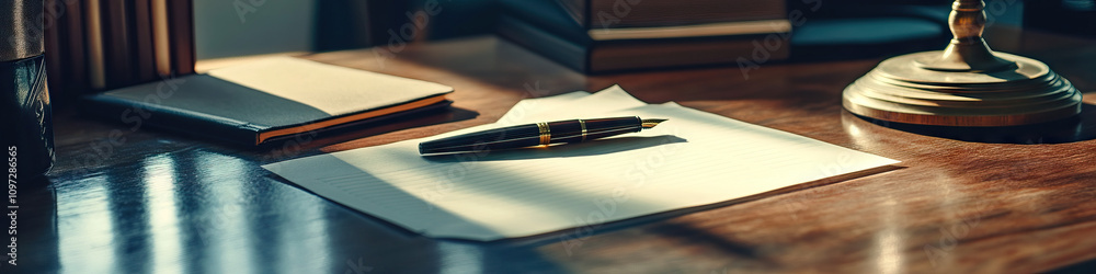 Fototapeta premium An uncluttered workspace with a single fountain pen, a neatly folded piece of paper, and a simple wooden desk lamp.